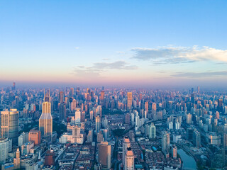 Fototapeta premium Aerial view of shanghai skyline and huangpu river at sunrise