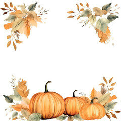 Autumn pumpkins watercolor floral frame