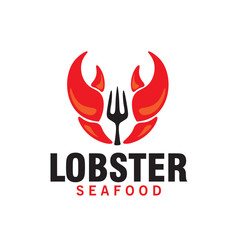 lobster crayfish with fork seafood logo design vector template