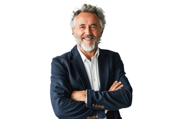 Middle-aged man with a beard and gray hair, wearing a navy blue blazer and white shirt, standing with arms crossed and smiling confidently. Transparent background png.