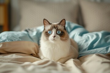 Beautiful white cat with blue eyes sitting on the bed in the morning