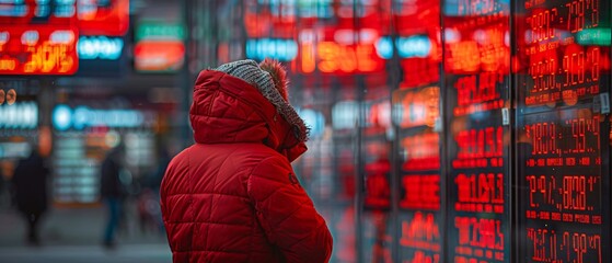 Person in red jacket faces wall of digital stock market tickers.