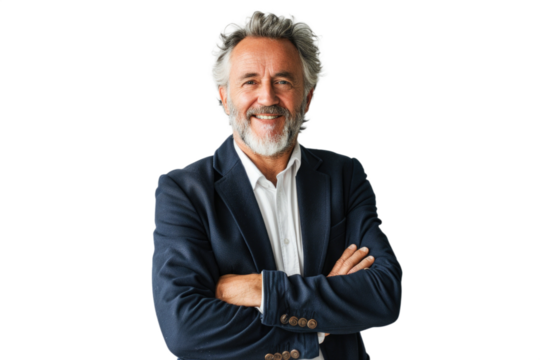 Middle-aged man with a beard and gray hair, wearing a navy blue blazer and white shirt, standing with arms crossed and smiling confidently. Transparent background png.