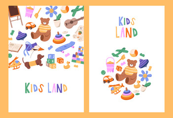 Fototapeta premium Design of posters with kid toys set. Vertical templates of promotion of shop for babies with border of cute children teddy, balls, books, cars. Kindergarten entertainment. Flat vector illustrations