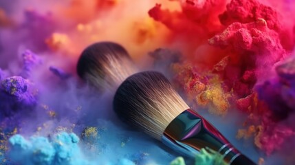 Fototapeta premium Makeup Brushes in a Cloud of Colorful Powder