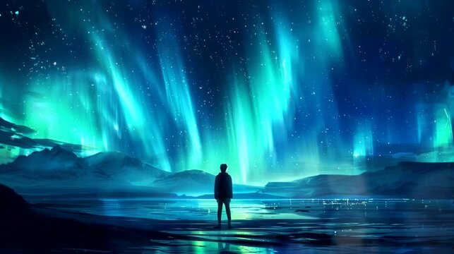 A silhouette man under Northern Lights in the Arctic sky. Anime or digital painting style, looping 4k video animation background
