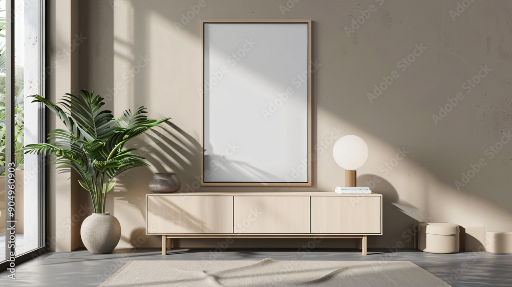Poster spacious and sunlit living room featuring a large empty frame on the wall, ideal for displaying your