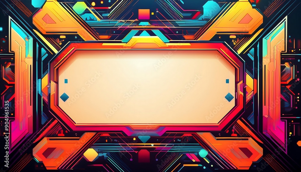 Poster frame with abstract geometric patterns, incorporating bright, contrasting colors