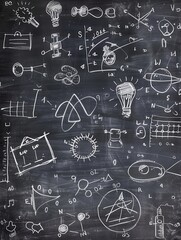 Fototapeta premium A vibrant chalkboard is filled with abstract shapes and colorful spirals, showcasing creativity and imagination in an educational environment. Generative AI