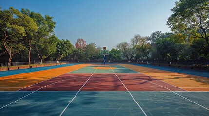 Outdoor basketball court with neatly painted lines and a clear sky
