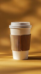 Paper cup modern mockup with brown eco holder. Empty disposable plastic takeaway mug with lid and sleeve mockup