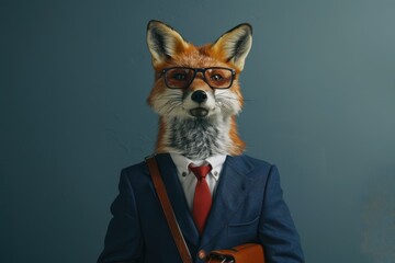 Sophisticated Fox: A fox dressed in a tailored navy blue suit with a red tie, holding a leather briefcase and wearing glasses.