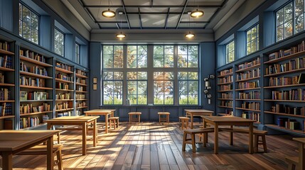Quiet school library with shelves of books and study tables