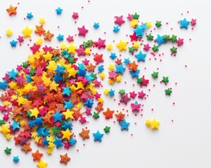 Fototapeta premium Colorful star shaped sprinkles on white backdrop, great for celebratory events and party themes