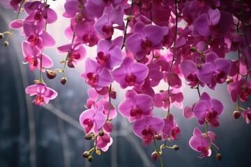 A vertical frame of hanging orchids with dramatic lighting and a blurred background © gankevstock