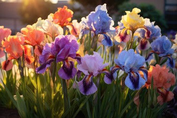A vibrant array of irises in various colors under warm evening light