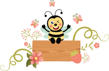 Cute bee sitting on a spring wooden signboard
