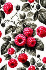  raspberry branches on a white background.  Raspberries are bright pink, and the leaves are black