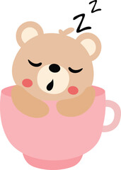 Cute teddy bear sleeping inside a pink cup