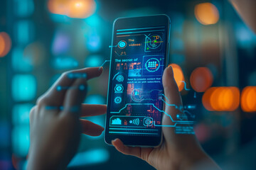 Hands Holding Smartphone with Futuristic Interface in City Lights Background