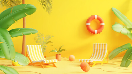 Sun loungers, brightly colored pictures, resting corner