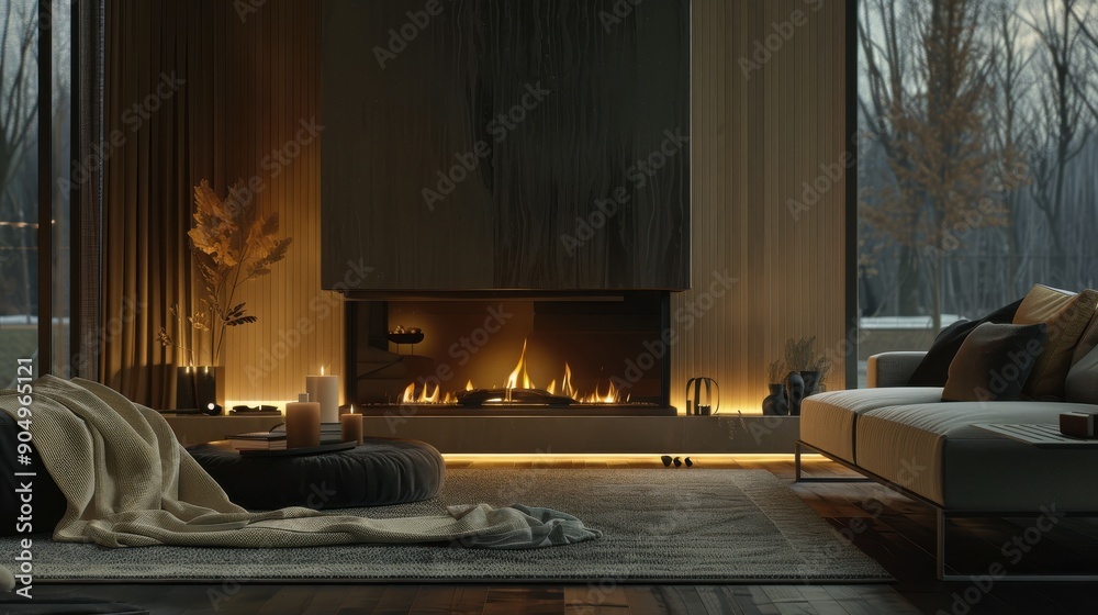Poster a modern living room with a fireplace glowing warmly against a backdrop of a wintery view. soft ligh