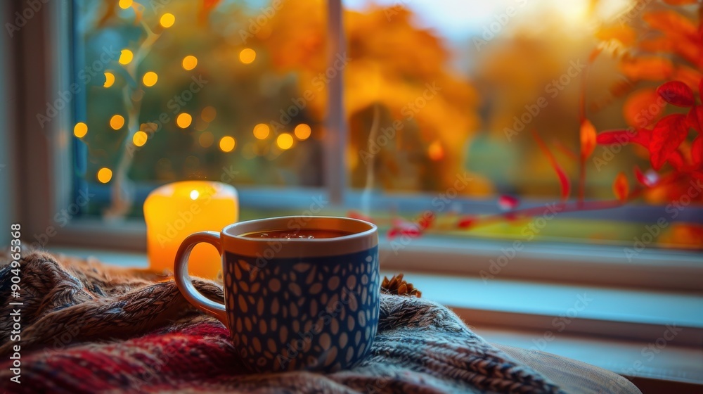 Poster a steaming mug of tea sits on a blanket in front of a window, overlooking an autumn scene. a candle 