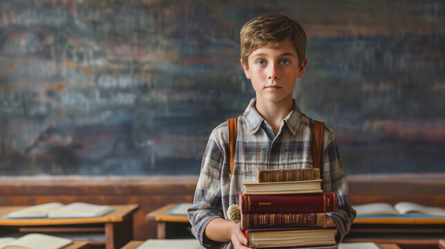 Serious Boy Holding Books in Vintage Classroom Setting