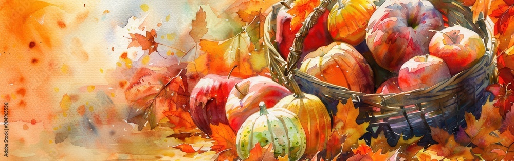 Aufkleber A watercolor painting depicts a basket overflowing with apples and pumpkins, surrounded by colorful autumn leaves. The vibrant colors of the fruit and foliage create a warm and inviting scene.