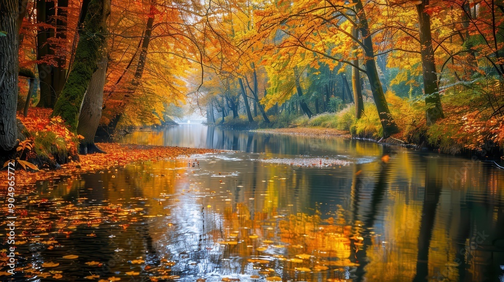 Aufkleber The image shows a river flowing through a forest during the autumn season. The water is calm and reflects the colorful leaves of the trees. Fallen leaves float on the surface of the water, adding to t