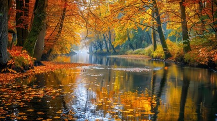 The image shows a river flowing through a forest during the autumn season. The water is calm and reflects the colorful leaves of the trees. Fallen leaves float on the surface of the water, adding to t