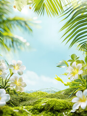 vibrant spring background with lush green moss and white flower as frame display for showcase product