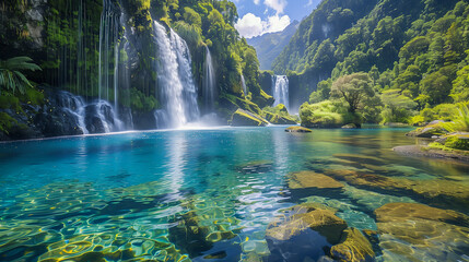 A breathtaking waterfall cascades down into crystal-clear water surrounded by lush greenery in New Zealand's diverse landscape.