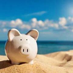 Piggybank on the Beach - Holiday Insurance - Savings for Traveling, Trip or Vacation - Money for Tropical Holiday and Roadtrip - Holiday Allowance Payment - Booking of Holiday