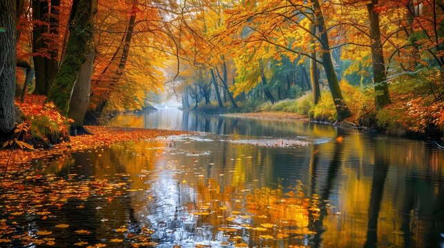 The image shows a river flowing through a forest during the autumn season. The water is calm and reflects the colorful leaves of the trees. Fallen leaves float on the surface of the water, adding to t