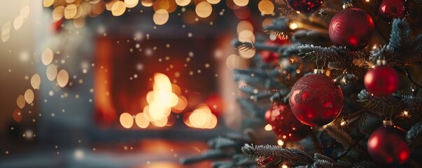 Close up of Christmas tree with red ornaments and a warm fireplace in the background