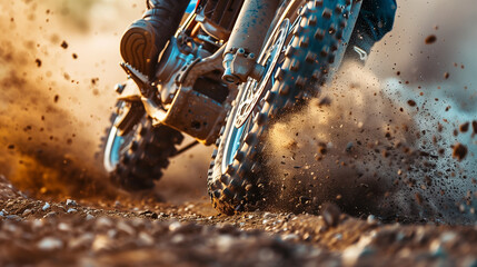 Dynamic close-up of a dirt bike tire spinning rapidly, kicking up dust and showcasing off-road racing excitement