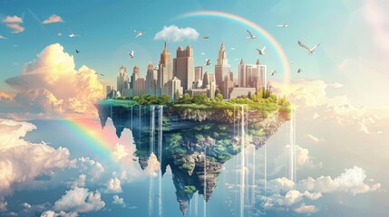 island with many buildings floating in the sky surrounded by birds and there are rainbows and waterfalls on the island