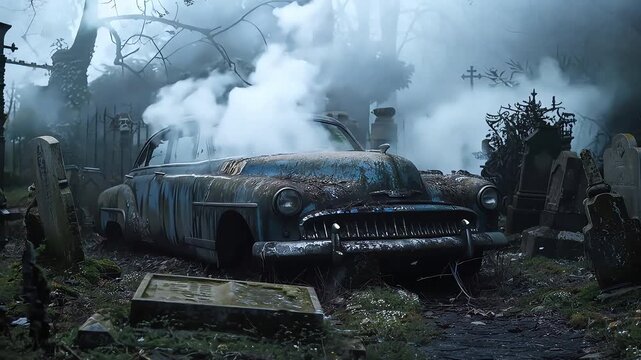 Abandoned Car in Spooky Foggy Graveyard with Ai generated.
