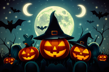 Spooky Halloween Night filled with JackoLanterns flickering under a mystical Full Moon illuminating the scene