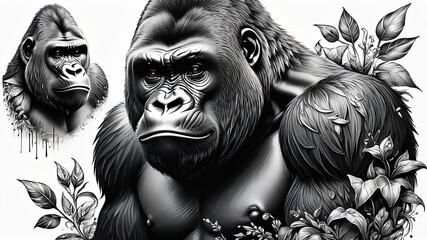 Black and white portrait of a gorilla