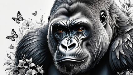 Black and white portrait of a gorilla