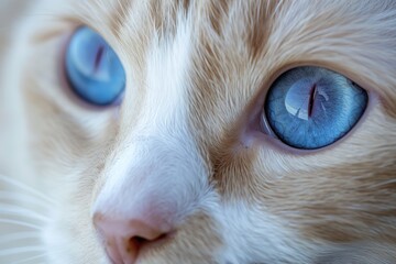 close up of white cat face with blue eyes, focus on eyes