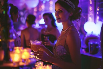 A woman elegantly holding a drink amidst a lively party atmosphere, Glamorous cocktail waitresses serving drinks to guests