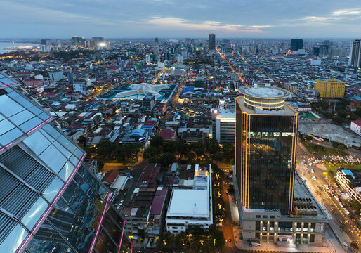 View from Vattanac Capital Tower, city view, skyline at dusk, Phnom Penh, Cambodia, Asia