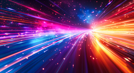Obraz premium A dynamic, colorful background with streaks of light moving, creating the illusion that they are flying at high speed towards an unknown direction or perspective point