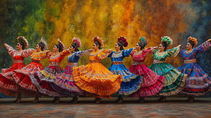 Traditional Hispanic dancers musicians watercolor parade vibrant floats heritage