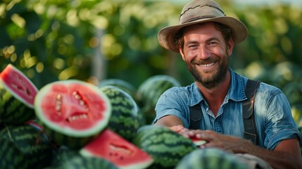 A worker in a straw hat is harvesting ripe watermelons in a sunlit field, showcasing the agricultural process and farm-to-table concept.