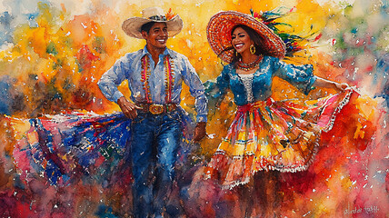Fototapeta premium Hispanic Heritage parade traditional dancers musicians vibrant floats watercolor