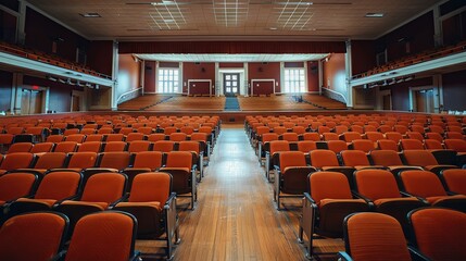 School auditorium with rows of seats and a stage